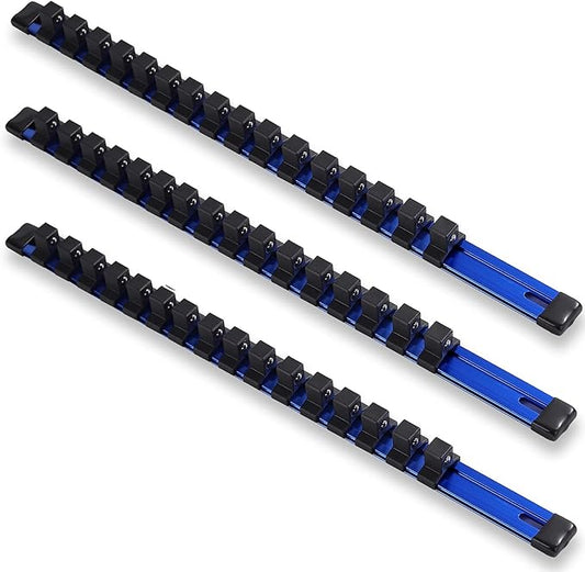 ALOANES 3-Piece 1/2-Inch Drive Aluminum Alloy Socket Organizer, Heavy Duty Socket Racks, Socket Holder Kit for Toolbox Drawer Fit 1/2-Inch x 48 Clips (Blue)