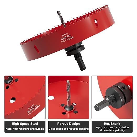 7.1" (180mm) Bi-Metal M42 High Speed Steel Hole Saw with Pilot Drill Bit, Smooth Cutting Edge for PVC, Drywall, Wood, Plastic, Gypsum Board, Rubber, Thin Metal