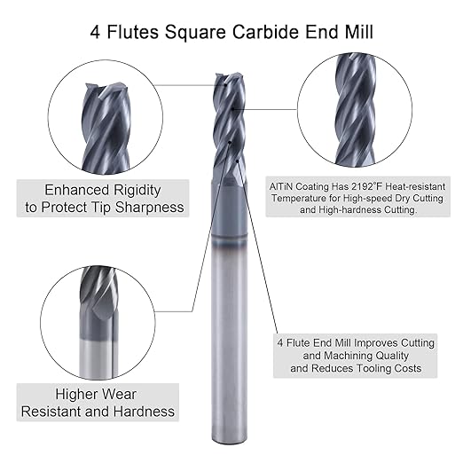 ISB 7/32'' End Mill Set, 4 Flute Carbide Square Nose End Mill Bits for Alloy Steels/Hardened Steels, Suitable for DIYers and Professionals, 5 Pcs