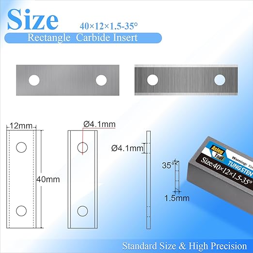 Asieg Tool 40x12x1.5mm-35째 Square Tungsten Carbide Replacement Cutter Inserts Knives Blades for Woodworking Spiral Helical Planer Head 10pcs