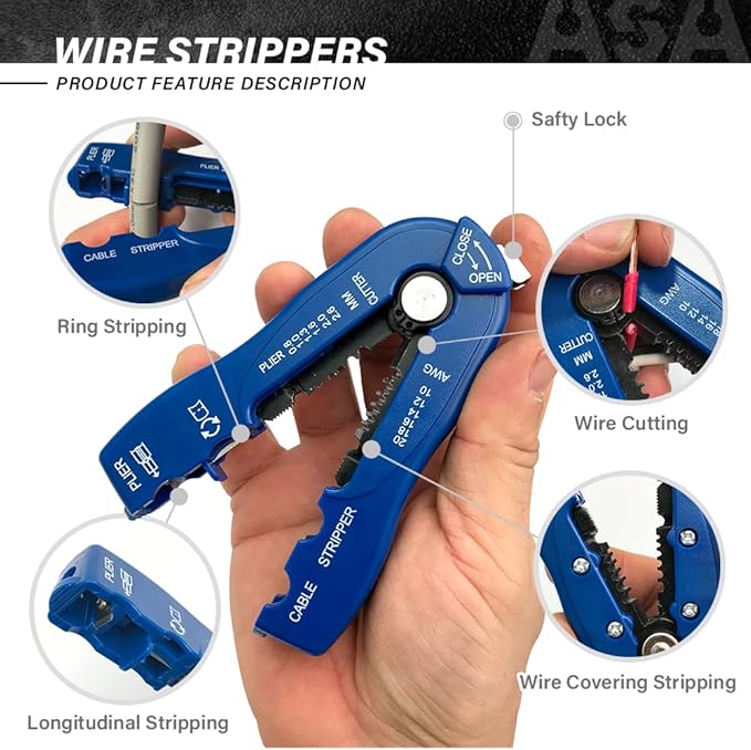 ASA TOOLS CSB Wire Stripper and Cutter,Multiple Heavy Duty Wire Stripping Tool for Wire Stripping,Cutting (Double Blades),Adjustable Blade Depth,Wire Stripping and Cutting Tool
