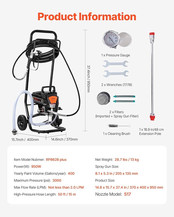 VEVOR Stand Airless Paint Sprayer with Cart, 950W 3000PSI High Efficiency Electric Airless Sprayer, Fine and Even Painting Effect, Paint Sprayers for Home Interior and Exterior Furniture and Fences