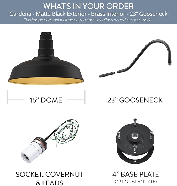Steel Lighting Co. | Dusk to Dawn | Gardena Barn Light | Outdoor Wall Mounted | 16" Dome | 23" Gooseneck | Farmhouse Light Made in America | Matte Black Exterior/Brass Interior