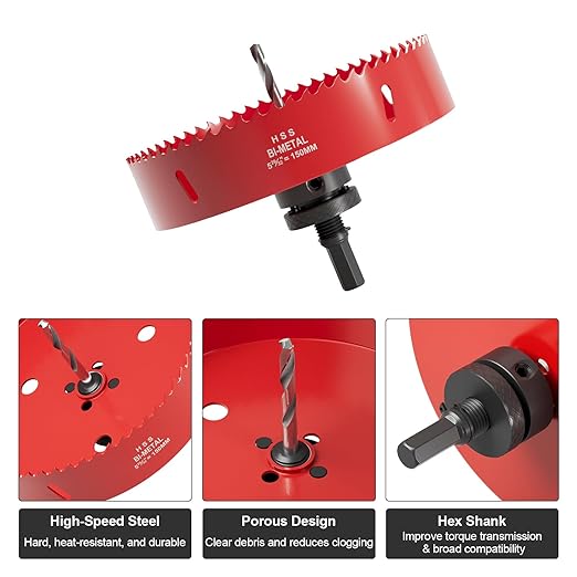 5-29/32" (150mm) Bi-Metal M42 High Speed Steel Hole Saw with Pilot Drill Bit, Smooth Cutting Edge for PVC, Drywall, Wood, Plastic, Gypsum Board, Rubber, Thin Metal