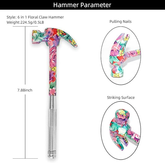 YOUMI 6 in 1 Multifunctional Floral Hammer & Screwdriver Tool Set Claw Hammer with Slotted/Flat Head Phillips Screwdriver Nail Puller Best Christmas Thanksgiving Halloween Gift for Her(Pink)