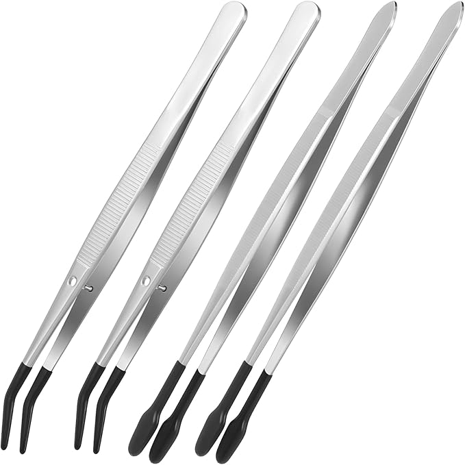 4 Pieces Tweezers with Rubber Tips PVC Rubber Coated Tweezers Rubbers Long Bent Tip Tweezer and Straight Flat Tip Tweezer for Lab Stamp Hobby Jewelry Crafts Feeding (Silver, Black)