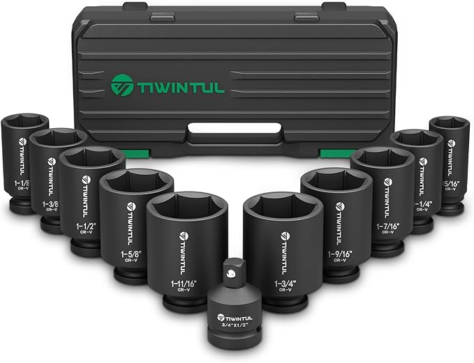 11Pcs Axle Nut Socket Set, 1/2 Drive SAE Impact Socket 15/16 to 1-3/4, CR-MO 3/4 to 1/2 Adapter, 6-Point Design Heavy Duty Socket Set for Large Auto Repairs, Agricultural implement