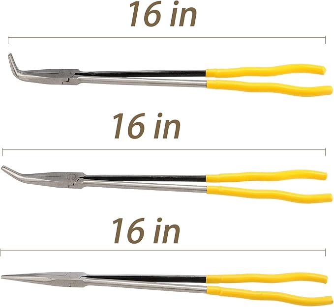 3 Pieces 16 Inch Long Needle Nose Pliers Set, Straight, 45, 90 Degree Long Reach Pliers Set with Comfortable Handle for Tight Space
