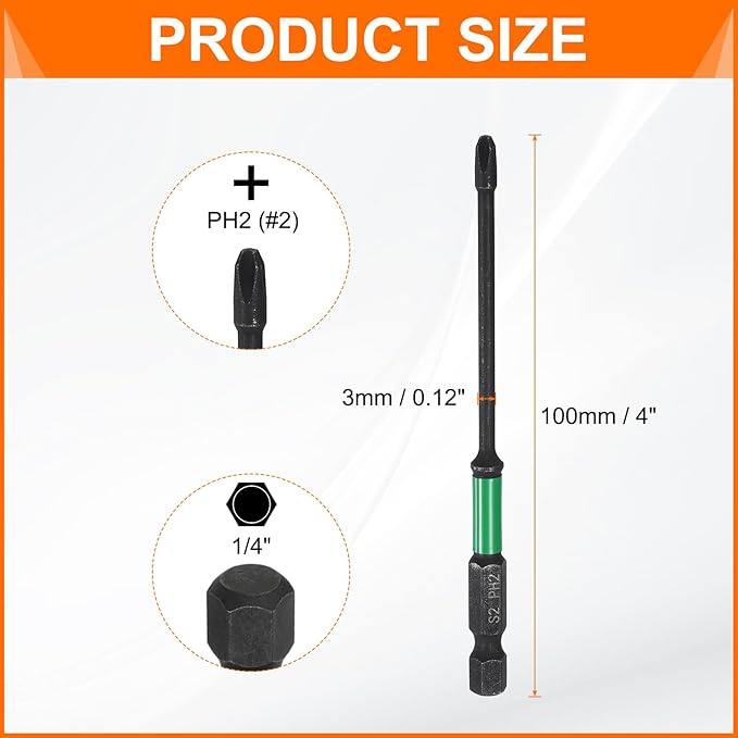 HARFINGTON 3pcs #2 Impact Phillips Screwdriver Bit PH2 1/4" Hex Shank 4" (100mm) Long 0.12" Rod Magnetic Cross Head Drill Bits S2 Steel Industrial Screw Driver for Impact Power Drivers