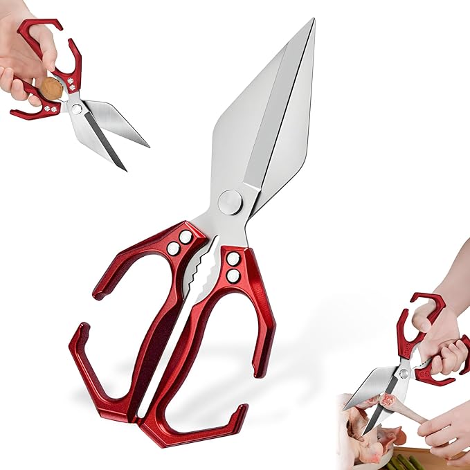 Multifunctional Heavy-Duty Kitchen Shears, High-Carbon Steel Culinary Shears, Heavy Duty Kitchen Scissors for Food with Ergonomic Handle for Chicken, Meat, Seafood (Red)