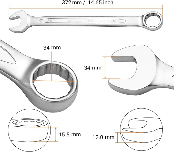 Jetech 34mm Combination Wrench, Industrial Grade Cr-V Steel Spanners with Precise 12 Point Opening, Off-Corners Design