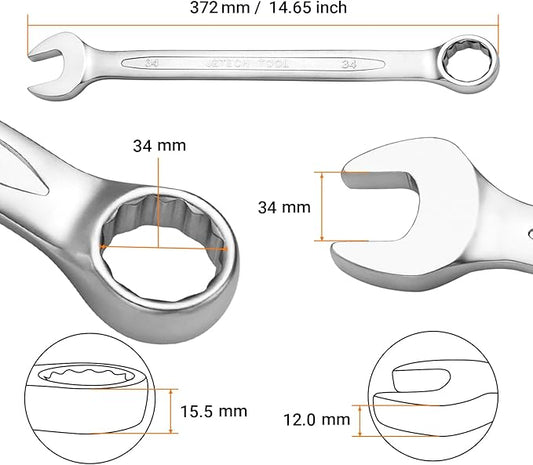 Jetech 34mm Combination Wrench, Industrial Grade Cr-V Steel Spanners with Precise 12 Point Opening, Off-Corners Design