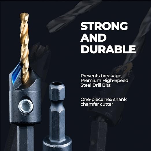 toolant Countersink Drill Bit Set,5Pcs Counter Sink Drill Bit Set for Wood,#4, #6, #8, #10, #12, High-Speed Steel 5 Spare Bits Adjustable for Woodworking and Carpentry, Pilot Screw Hole Set