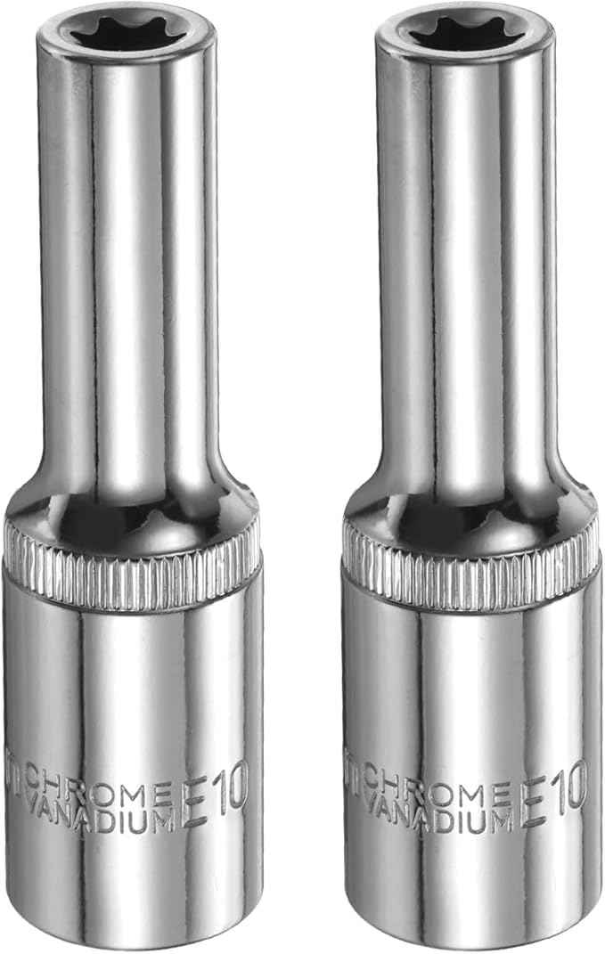 HARFINGTON 2pcs E-Torx Socket 1/2" Drive E10 Star Female Socket 3.1" Length External Torx Deep Sleeve Chrome Plating 6 Point Spline Sleeve for Auto Repairs Home Maintenance
