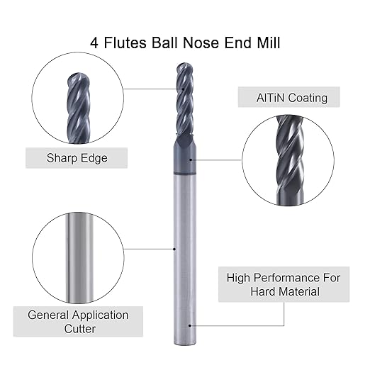 XYunEnZ ISB?괖arbide Ball Nose End Mill Bits, 3/32" Diameter, 1/8" Shank Diameter, 4 Flute CNC Cutting Tool CNC Router Bits for Hardened Steel, Alloy Steel, Cast Iron, Wood, Aluminum, Suitable for