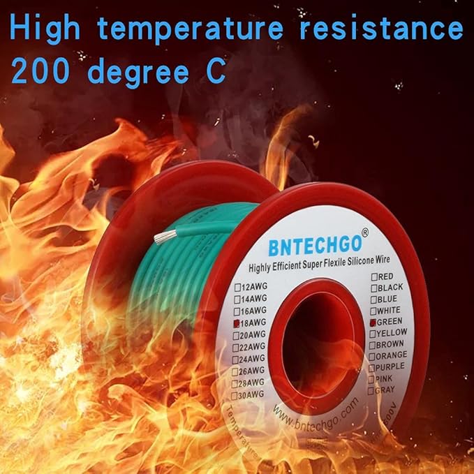 BNTECHGO 18 Gauge Silicone Wire Spool 50 ft Green Flexible 18 AWG Stranded Tinned Copper Wire