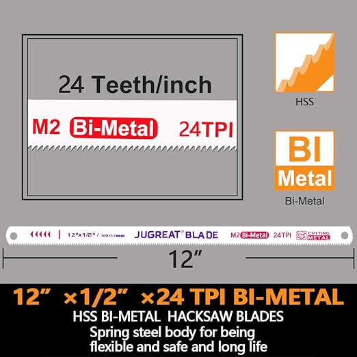 JUGREAT 12" Hacksaw Blades Replacement Bi-Metal, High Speed Steel Ground Teeth - 24TPI (10 Pack)