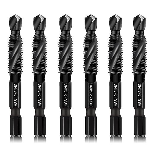 6-Piece 12-24NC Combination Drill Tap Countersink Bit Set SAE, Made of High-Speed Steel with Anti-Rust Blackened Coating, Ideal for Soft Metal, Wood & Plastic, 12-24NC Thread Size, 1/4" Hex Shank