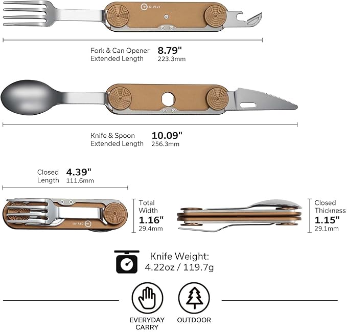 CIVIVI Partake 4-in-1 Camping Utensil, Detachable Stainless Steel Folding Knife, Fork, Spoon & Bottle Opener Multi-Tool, with Waxed Canvas Pouch for Travel Camping Hiking, C24032C-2, Coyote Brown