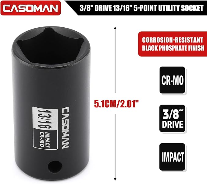 CASOMAN 3/8" Drive 13/16" 5-Point Impact Grade Utility Socket, CR-MO, Removes and Installs Penta Nuts and Bolts