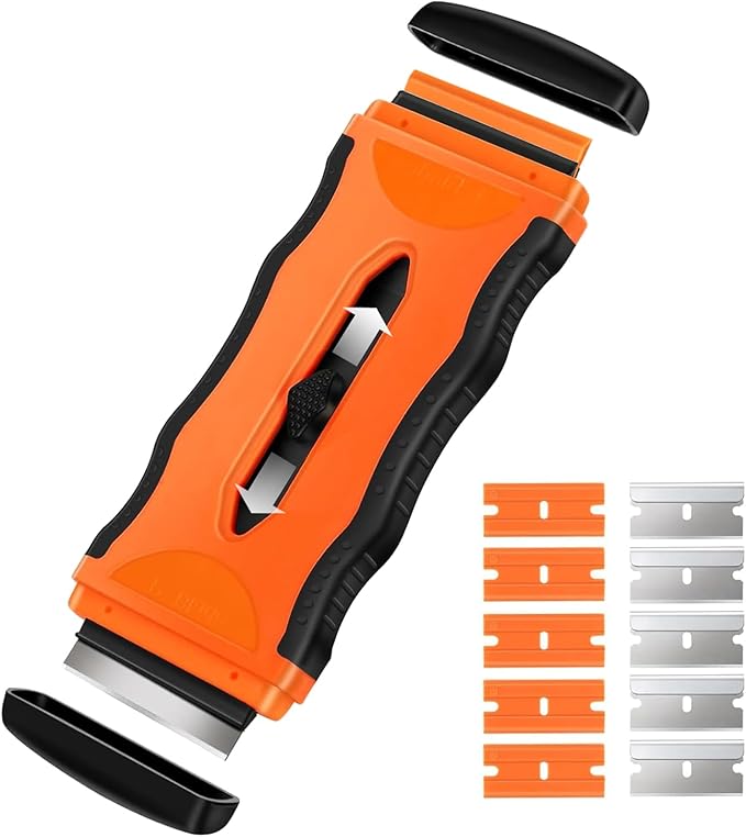 DEKEones Razor Blade Scraper, 1 Pack 2-in-1 Retractable Double-ended Razor Scraper Tool with Extra 5Pcs Plastic and Metal Razor Blades, Multi-Purpose Scraping Tool for Cooktop Oven (Orange）