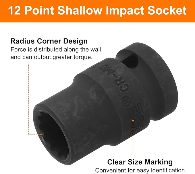 uxcell 1/2" Drive x 13mm Shallow Impact Socket 12-Point Metric CR-MO Steel Nut Impact Grade Socket for Auto Repair