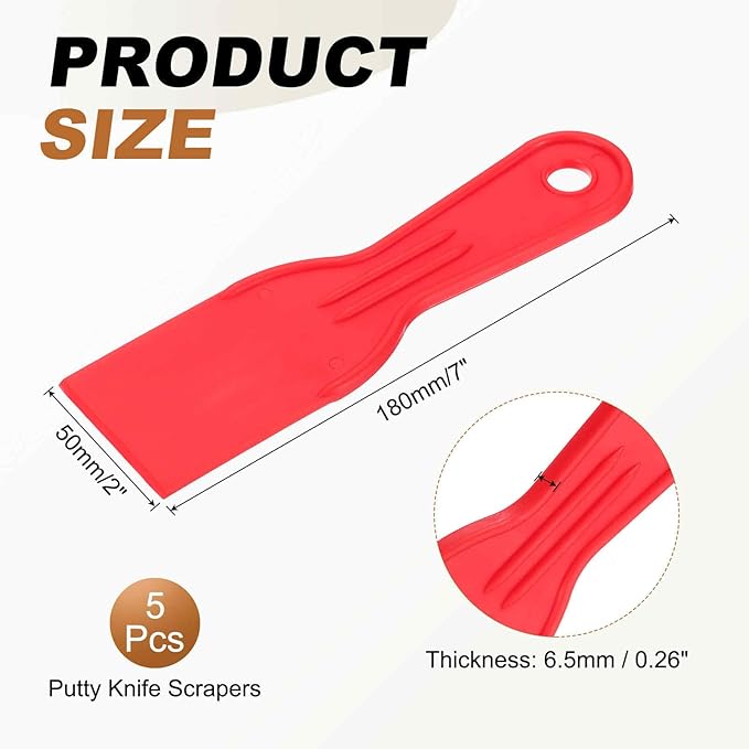 HARFINGTON 5pcs Putty Knife Scraper 2" Width Flexible Plastic Putty Knife Paint Scraper Tool for Taping Drywall Spreading Painting Wall Scratching Red