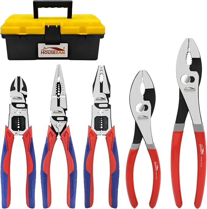 5-Piece Pliers Set with Case Including 8-In and 10-In Slip Joint Plier, 8.4??Needle Nose Plieres, 8.4??Linesman, 8.6??Diagonal Wire Cuters for DIY & Home Use