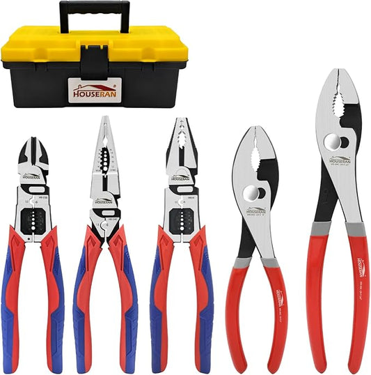 5-Piece Pliers Set with Case Including 8-In and 10-In Slip Joint Plier, 8.4??Needle Nose Plieres, 8.4??Linesman, 8.6??Diagonal Wire Cuters for DIY & Home Use