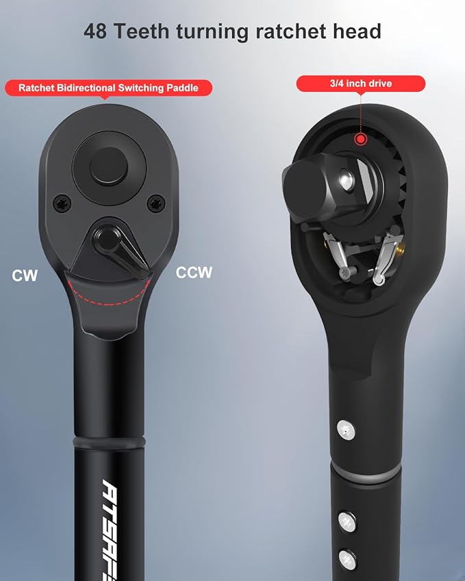 Atsafepro 3/4 Torque Wrench 100-850 Ft-Lb -짹3% Accuracy, 47.3" Long Handle, 48-Tooth Reversible Ratchet, Cr-V Steel, Dual Scale,3/4" Drive Click Heavy Duty Torque Wrench for Industrial, Truck, Turbine