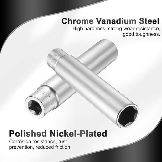 HARFINGTON 6 Points Deep Socket 3/8" Drive 17mm Deep Metric CR-V Steel Polished Nickel Plating Flip Sleeve 120mm / 4.7" Extra Long Socket Tool for Home Auto Nuts Bolts Repair