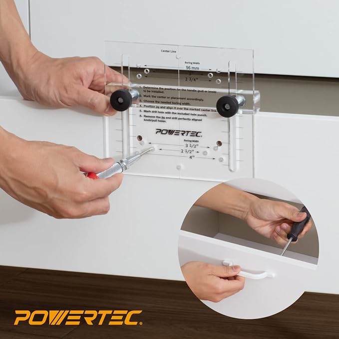 POWERTEC 72225 Cabinet Hinge and Hardware Jig Kit, Concealed Hinge Jig and Drawer Jig for Installing Pulls, Knobs, Handles on Cabinet and Drawer, Cabinet Door Mounting & Cabinet Hinges Installation