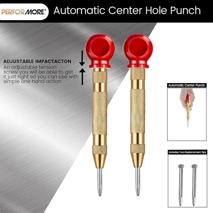 Performore Automatic Center Hole Punch With Hardened Steel, Includes Two Replacement Tips Adjustable Spring Metal Drill Tool with Cushion Cap, Hand Tool for Metal or Wood Glass Window
