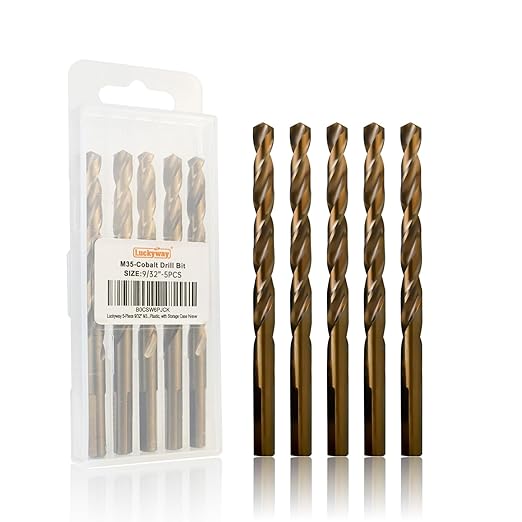 Luckyway 9/32" Cobalt Drill Bit (5 Pcs), Jobber Length Twist Drill Bit Set for Hard Metal, Stainless Steel, Cast Iron, Wood and Plastic, with Storage Case