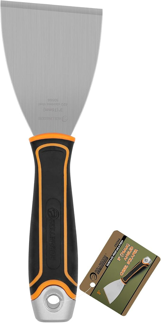 ROLLINGDOG 3" Angled Stiff Chisel Scraper-5 Degree Angled Putty Knife with Metal Hammer Cap, Rubber Gripped Handle, Paint Scraper into Corners