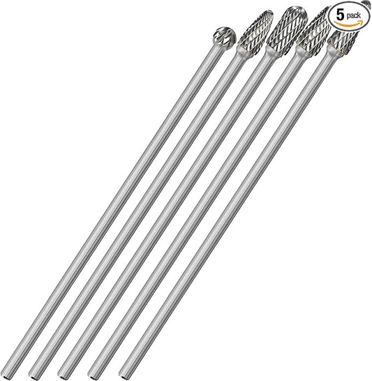 5Pcs Long Carbide Burr Set 1/4" Shank Total L 6.2" Die Grinder Bits Rotary Rasp Attachment Cut Port Grind Metal Cast Iron Steel Aluminum Cylinder Head Engine Intake Exhaust Manifold Tight Area