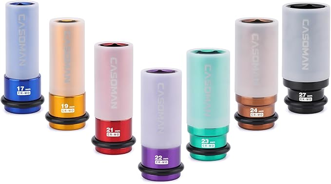 CASOMAN 7PCS 1/2" Drive Deep Lug Nut Impact Socket Set, Non-marring & Thin Wall Wheel Protector, Color-Coded, 85mm Length, 6 Point, Metric, CR-MO