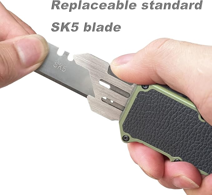 Aviation Aluminum Box Cutter Pocket Knife, EDC Auto Utility Knife Retractable, Replaceable Razor Blade Double Action Automatic Boxcutters With Clip, With 5pcs Spare Blades (Green-leahter)