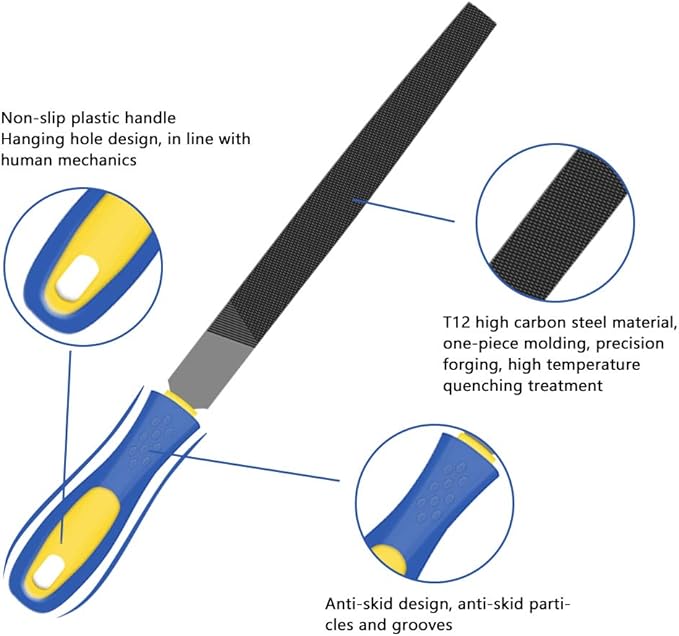 KALIM 5Pcs 8'' High Carbon Steel File, Rasp Set with Soft Rubber Non-slip Handle, Round/Half Round/Flat/Triangle/Squre, Grinding Hand Tool Set for Wood, Metal, Plastic, etc.