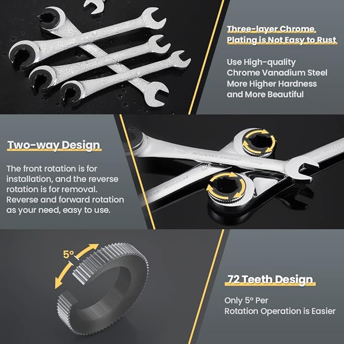 Anbull 6PCS SAE Combination Ratcheting Wrench Set with Open-end Fixed-Head, Tubing Ratchet Spanner with 72 Gears Cr-V Steel Constructed 3/8'' 7/16'' 1/2'' 9/16'' 5/8'' 11/16''