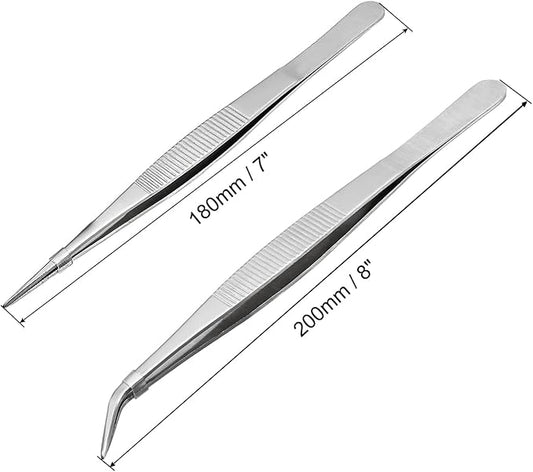 uxcell Stainless Steel Tweezers Set 7-Inch Straight Pointed & 8-Inch with with Serrated Tip
