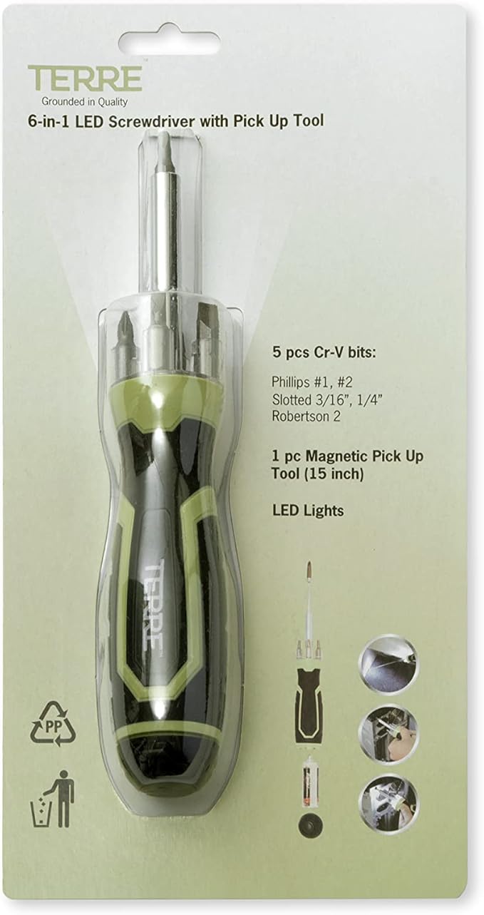 Terre Products, 6 in 1 Multitool Screwdriver, Nut Driver, All in One Screwdriver with Flashlight and Telescopic Magnetic Pick Up Tool, Multi Bit Screw Driver