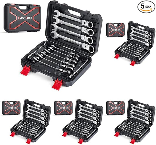 Eastvolt 12-Piece Flex-Head Ratcheting Wrench Set, Metric 8mm-19mm, Combination Ended Spanner kits, Chrome Vanadium Steel with Toolbox, EVHT1201 (Pack of 5)