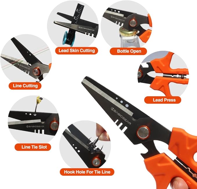 BasicGear Fishing Multi-Tool Scissors ??Titanium-Coated, Stainless Steel, Multi-Tool Cutter with Hook Adjuster, Screwdriver, Bottle Opener, Sheath & Non-Slip Grip for Saltwater or Freshwater Use