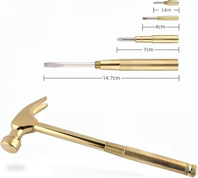 Multifunction Hammer 6 in 1 with Slotted/Flat Head Phillips Screwdriver Claw Hammer Manual, Portable Metal Mini Tool Hammer (Gold)