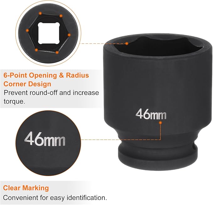 HARFINGTON 6-Point Impact Socket 3/4" Drive 46mm Metric 40Cr Alloy Steel Spindle Axle Nut Impact Socket