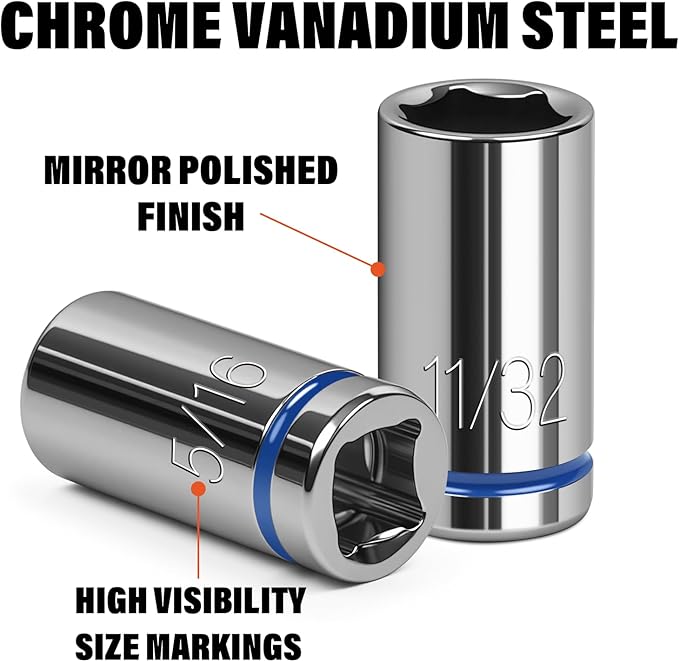 1/4" Drive SAE Master Socket Set, 13-Piece Shallow Hex Socket Set (1/8" - 5/8"), Cover Most Commonly Sizes, 6 Point, Chrome Vanadium Steel with Molded Case