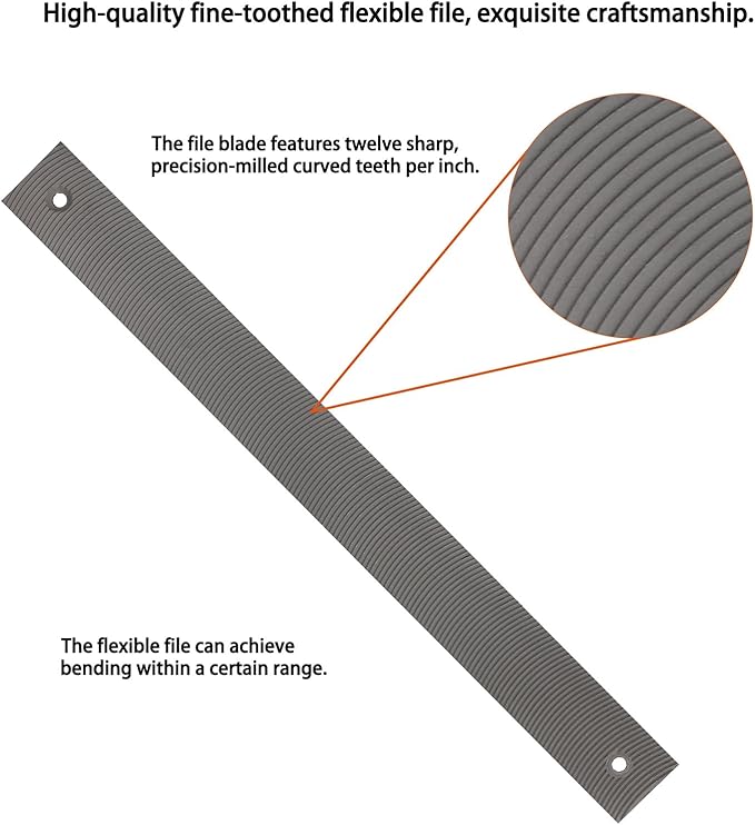KUZURYU Double-Sided 14-Inch Flexible Flat Fine-Tooth File Blade, 12 Teeth per Inch - Features an adjustable file holder mounting hole, suitable for shaping, trimming, and filing contour surfaces.