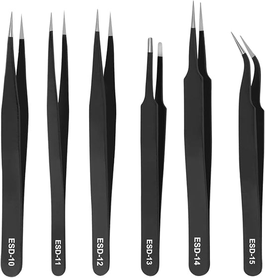 6Pcs Precision Tweezers Set,Upgraded Anti-Static Stainless Steel Tweezers, for Electronics Repair, Model Building, Soldering, Laboratory Work, Craft Essentials