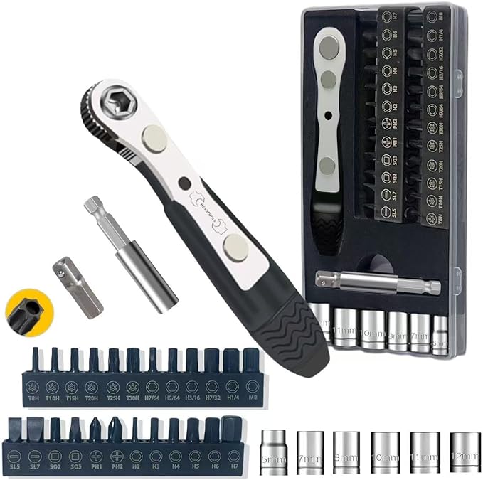 36in1 Right Angle Screwdriver Set 1/4 Mini Ratchet Wrench S2 Magnetic 1/4 Bits 90 Degree Offset Screwdriver Metric/SAE Allen Bits Dedicated to Small Spaces Home&Outdoor Portable Tools